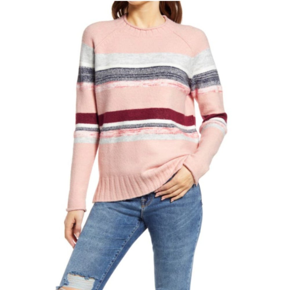 NEW Caslon Cozy Mix Stripe Crewneck Knit Jumper Sweater In Pink Rocking Stripe M